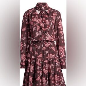 MELLODAY NWT Leaf Print Tie Long Sleeve Dress in Burgundy, pink, red/blacksize M